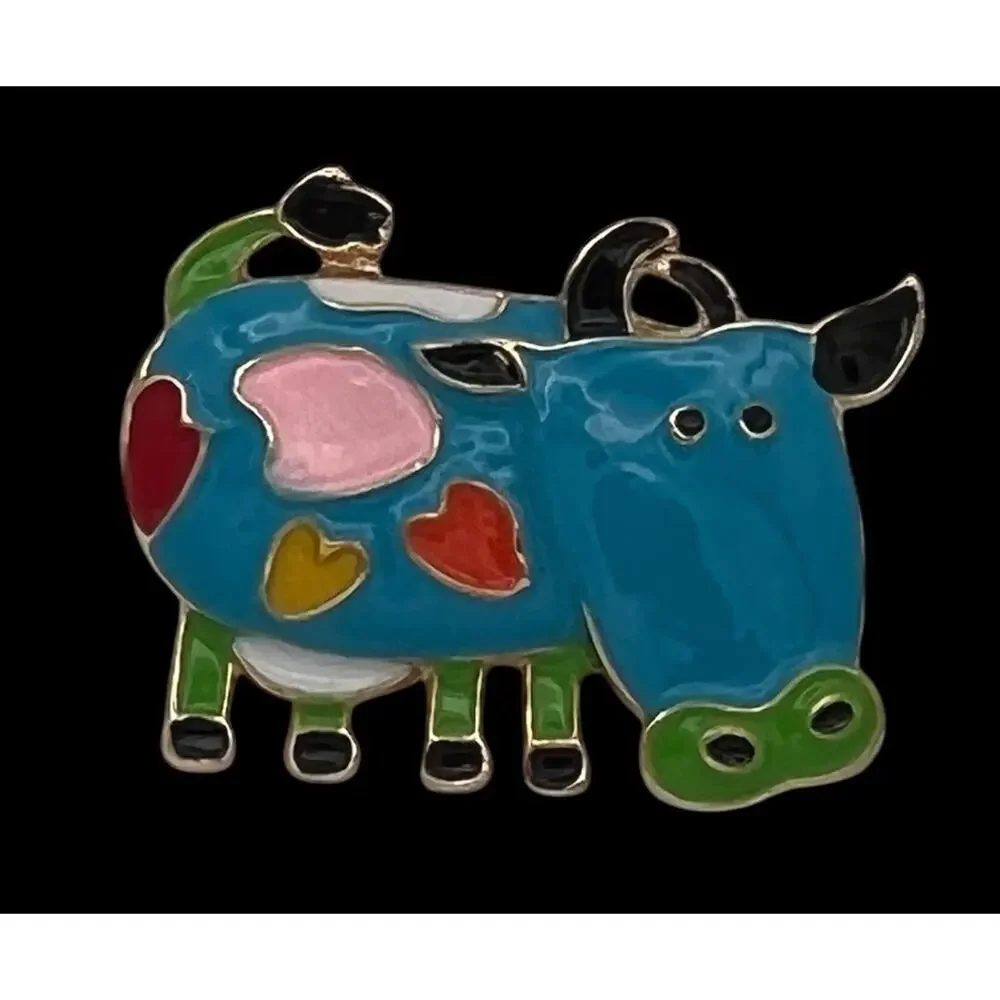 Blue Enamel Brooch Cow Bull Cute Small Abstract With Hearts Pendant Fashion Pin